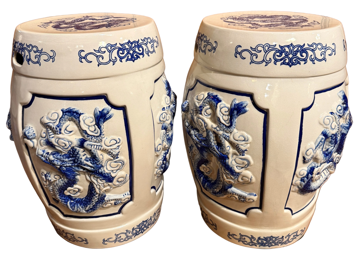 Pair of Vintage Blue and White Garden Stools