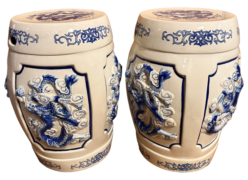 Pair of Vintage Blue and White Garden Stools