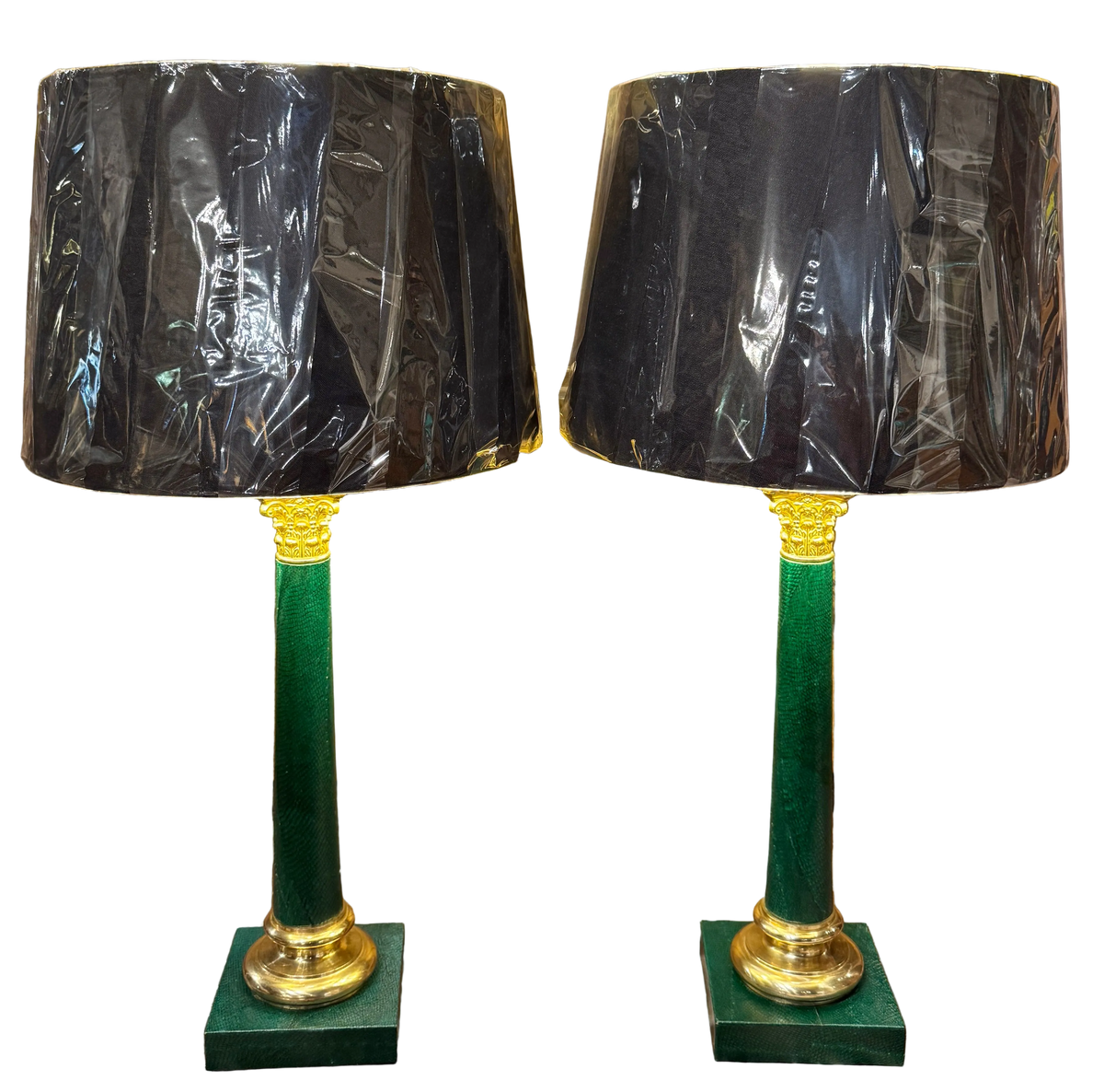Pair of Vintage Neoclassical Style Green Faux Snake Skin Lamps