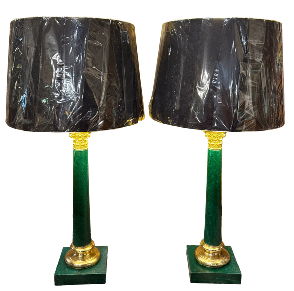 Pair of Vintage Neoclassical Style Green Faux Snake Skin Lamps