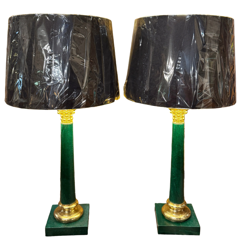 Pair of Vintage Neoclassical Style Green Faux Snake Skin Lamps