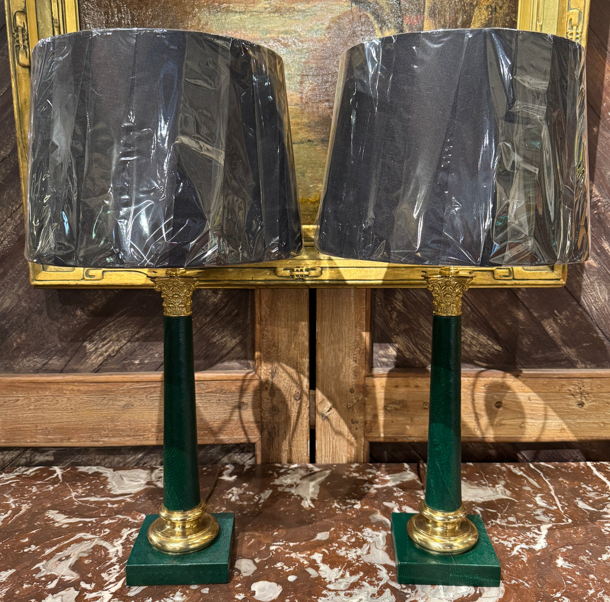 Pair of Vintage Neoclassical Style Green Faux Snake Skin Lamps