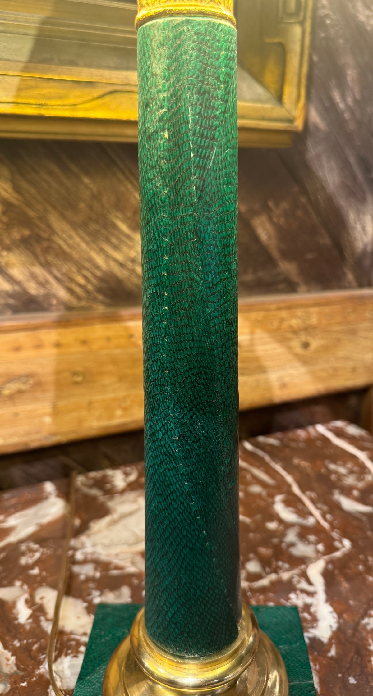 Pair of Vintage Neoclassical Style Green Faux Snake Skin Lamps