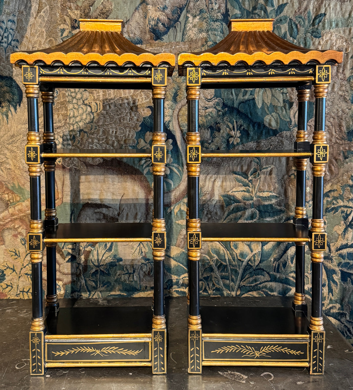 Pair of Vintage Black and Gold Pagoda Form Hanging Shelves