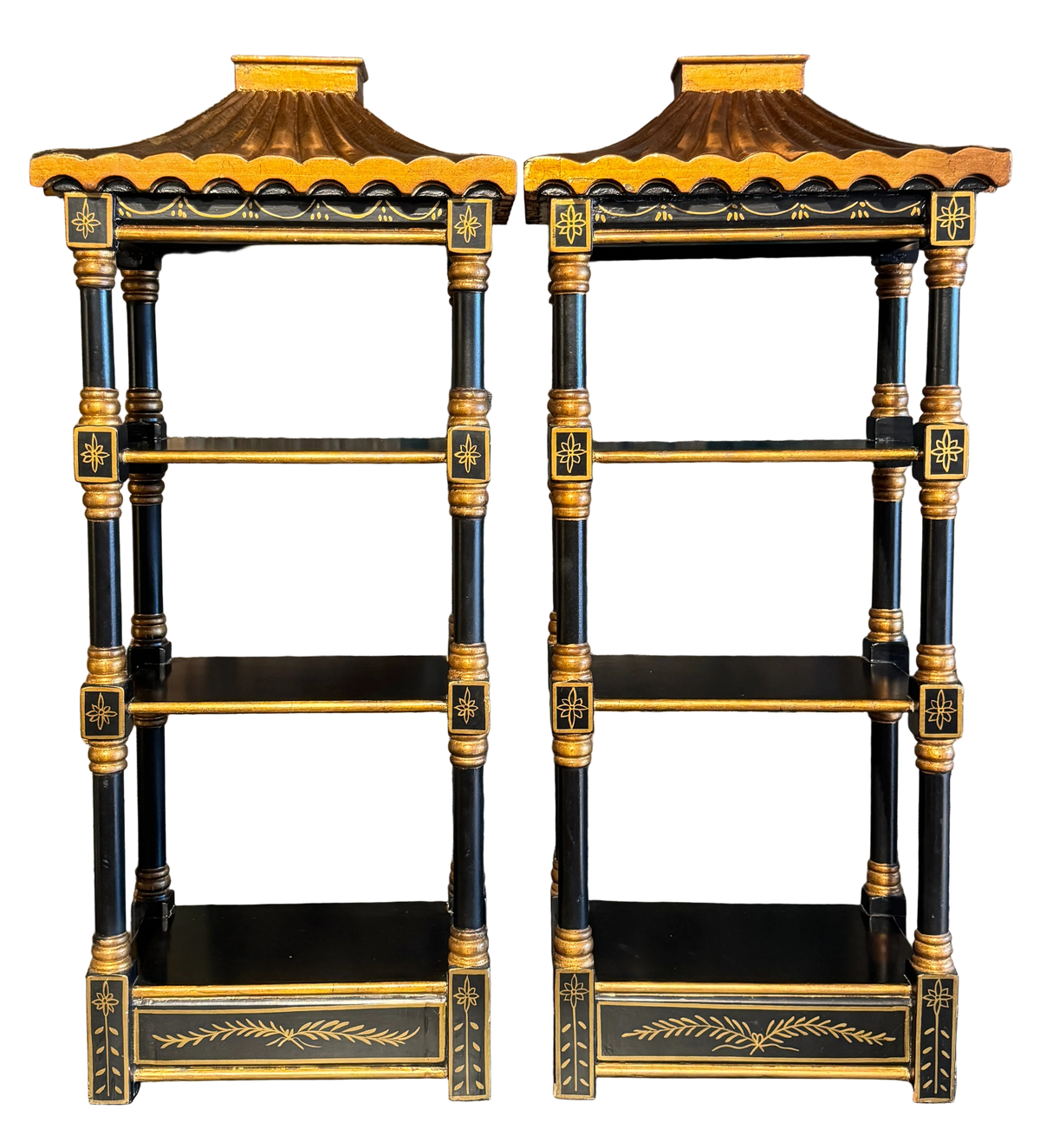 Pair of Vintage Black and Gold Pagoda Form Hanging Shelves
