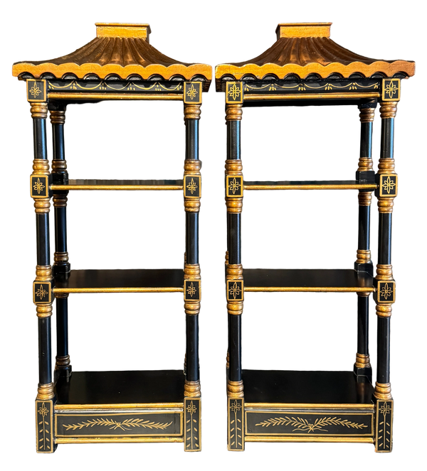 Pair of Vintage Black and Gold Pagoda Form Hanging Shelves