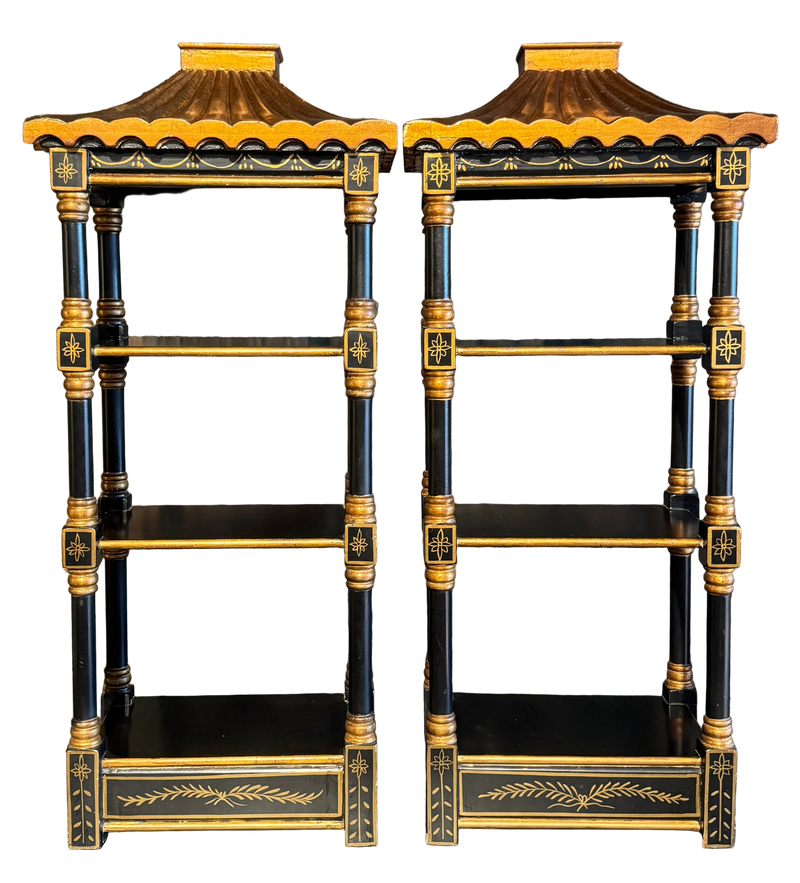 Pair of Vintage Black and Gold Pagoda Form Hanging Shelves