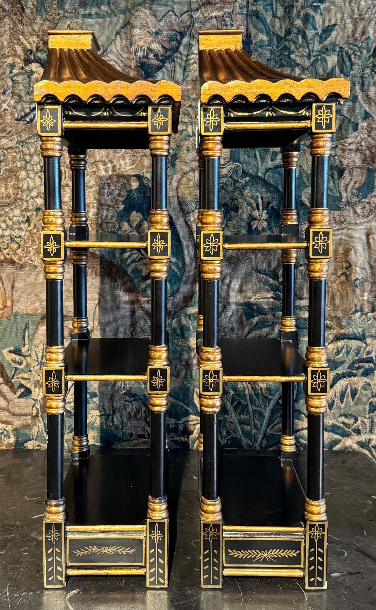 Pair of Vintage Black and Gold Pagoda Form Hanging Shelves