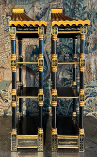 Pair of Vintage Black and Gold Pagoda Form Hanging Shelves
