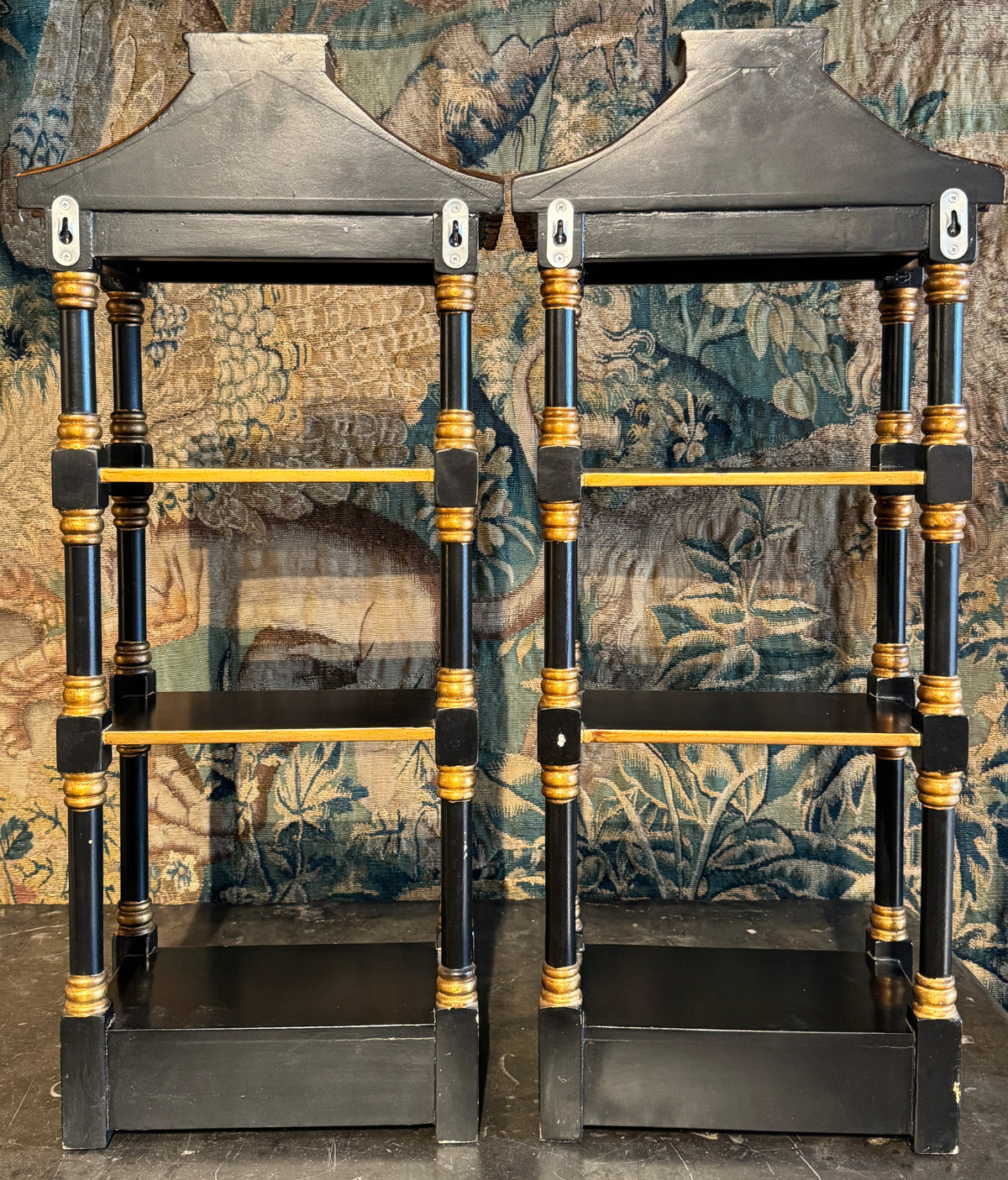 Pair of Vintage Black and Gold Pagoda Form Hanging Shelves