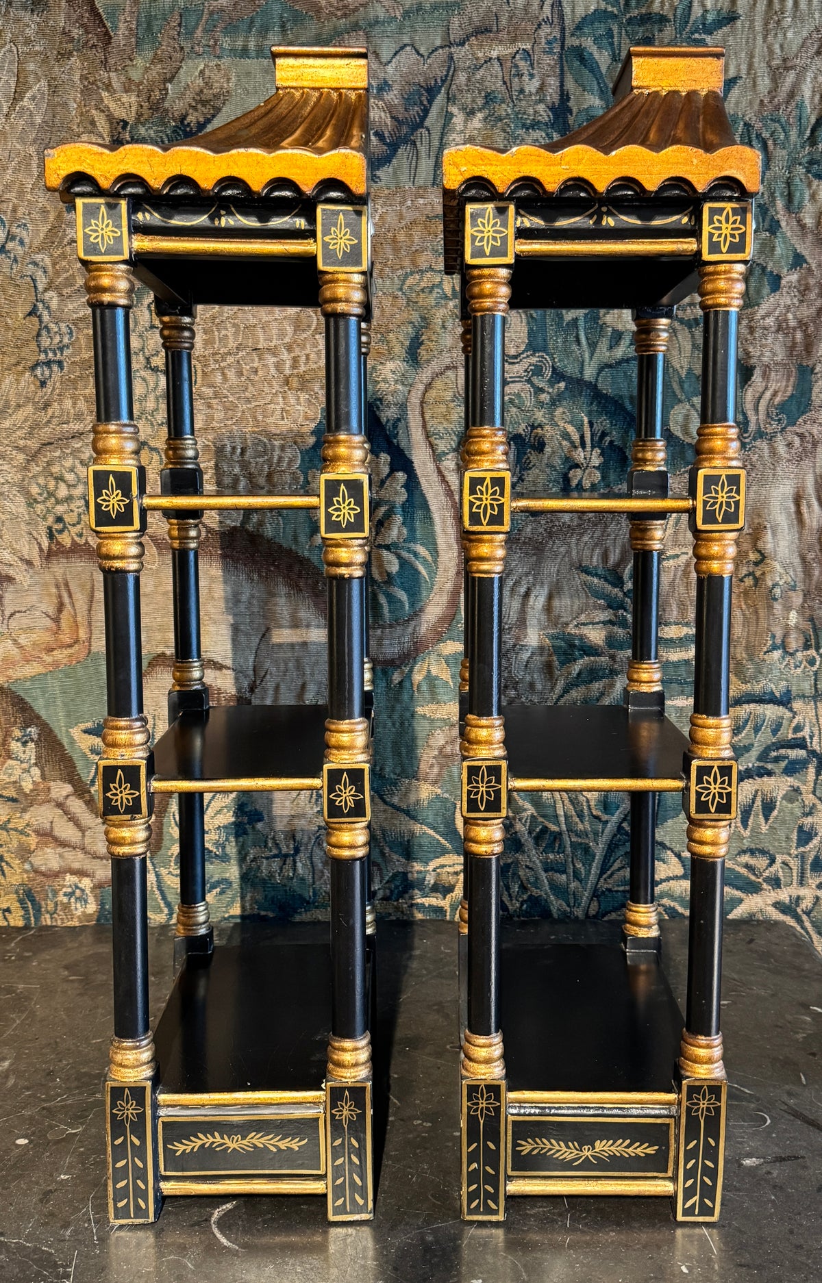 Pair of Vintage Black and Gold Pagoda Form Hanging Shelves