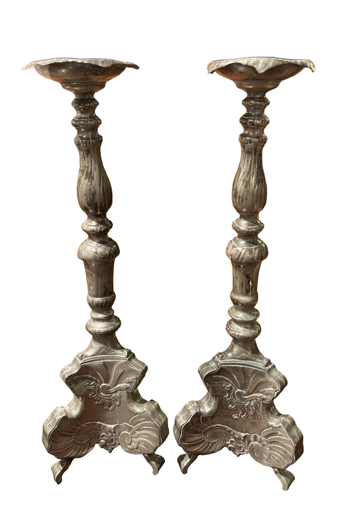 Pair Early 18th Century Northern Continental Pewter Rococo Prickets