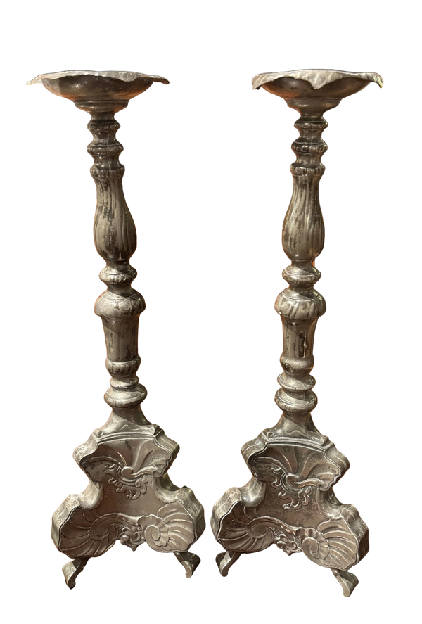 Pair Early 18th Century Northern Continental Pewter Rococo Prickets