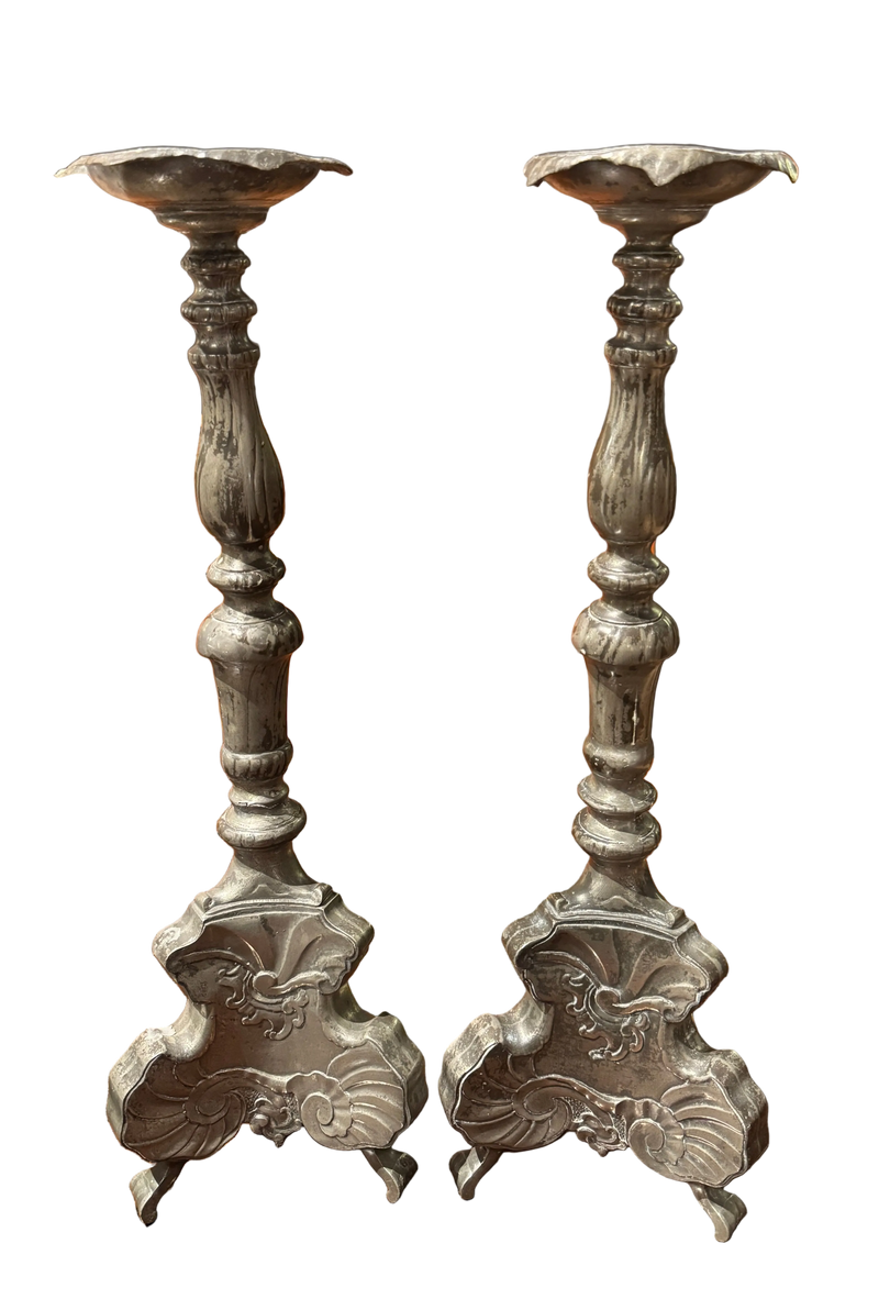 Pair Early 18th Century Northern Continental Pewter Rococo Prickets