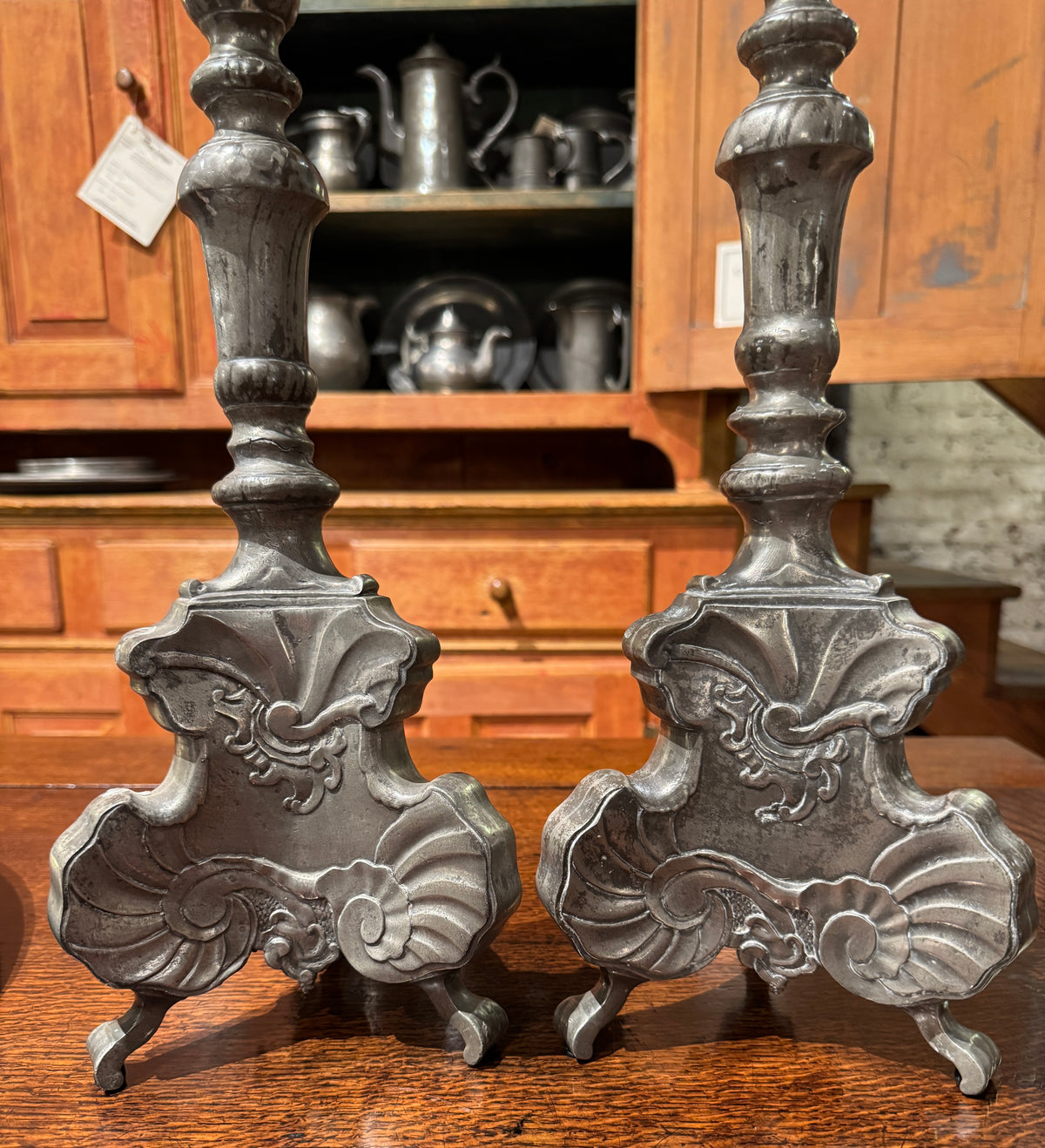 Pair Early 18th Century Northern Continental Pewter Rococo Prickets