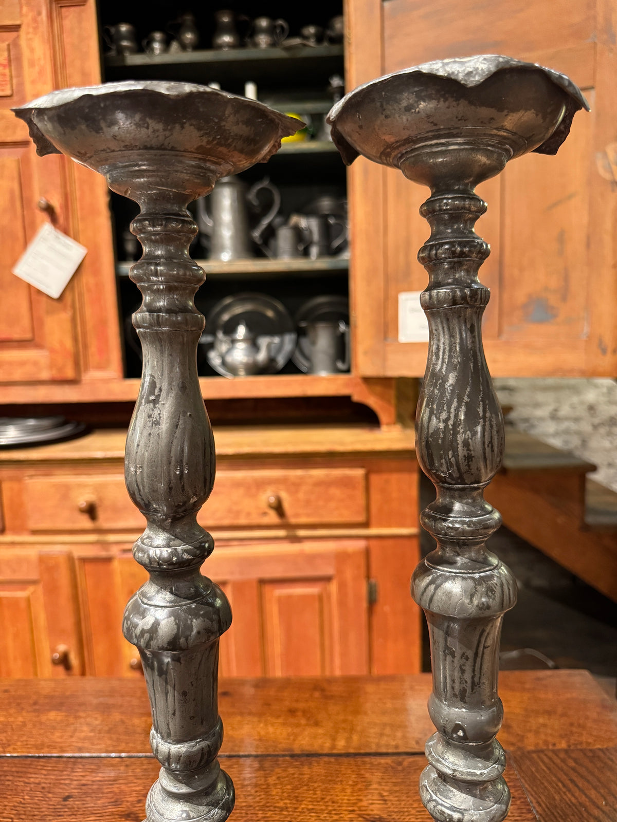 Pair Early 18th Century Northern Continental Pewter Rococo Prickets